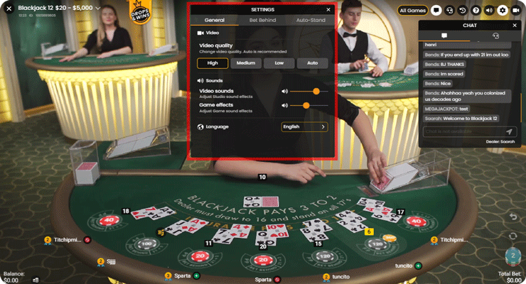 live dealer blackjack - settings panel